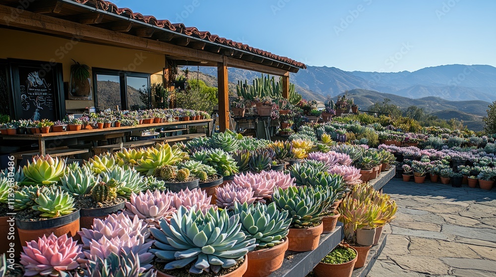 Cactus and succulent plants growing in terracotta pots in a botanical garden shop Cactus and succulent plants growing in terracotta pots in a botanical garden shop