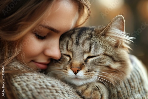 Young woman embracing her lovely fluffy cat with closed eyes