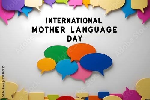 A vibrant design for International Mother Language Day with colorful speech bubbles on a white background, symbolizing unity and cultural diversity.