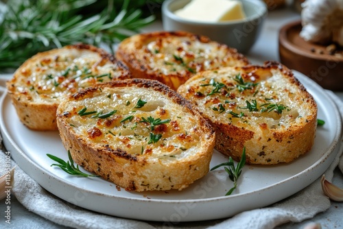 Toasted garlic bread appetizer with rosemary and butter on white plate