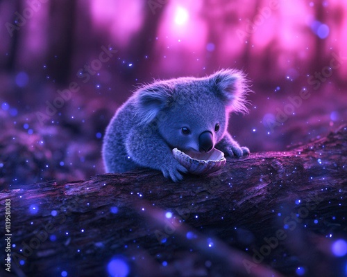 Adorable koala eating from a shell in a magical forest. photo