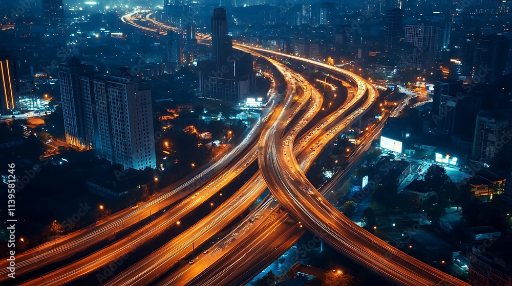 Obraz premium Night City Highway Intersection. Concept of urban infrastructure, transportation, and connectivity.
