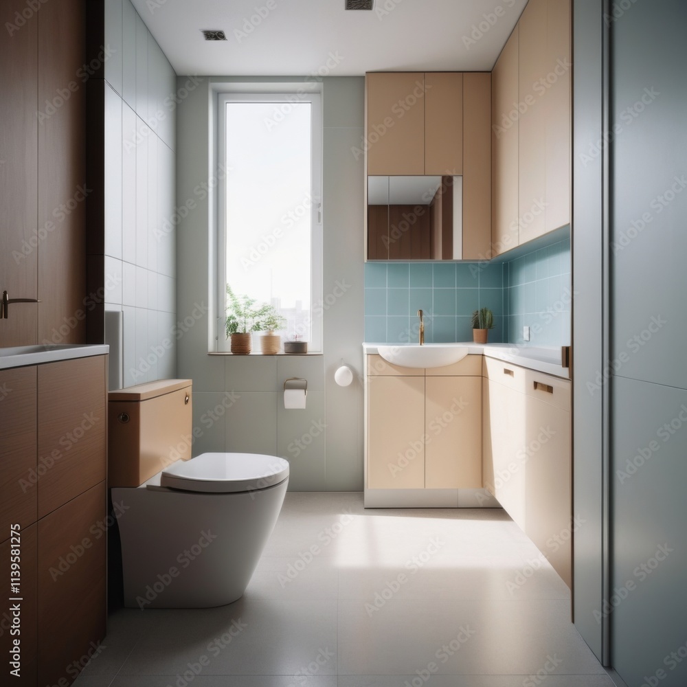 Fototapeta premium You are an interior designer. Draw a toilet room with dimensions in meters 1x1.5x2.5. The tiles on the walls are light beige. The toilet is compact with a white cistern. The toilet lid matches the col