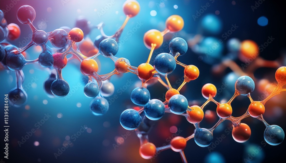 Abstract Molecular Structure. Intricate network of blue and orange spheres connected by glowing lines. Science, technology, and innovation. Abstract Molecular Structure. Intricate network of blue and orange spheres connected by glowing lines. Science, technology, and innovation.