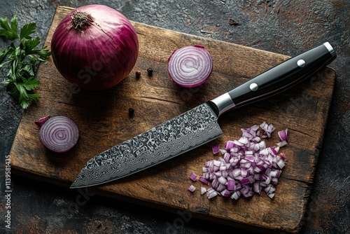 Slicing red onion on rustic wooden cutting board with japanese damascus steel knife photo