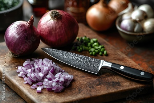 Slicing red onion on rustic wooden cutting board with japanese damascus steel knife photo