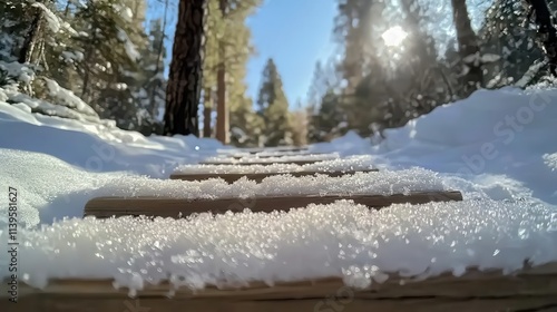 A close-up view of a snowy trail in a forest with wooden and stone pathways,