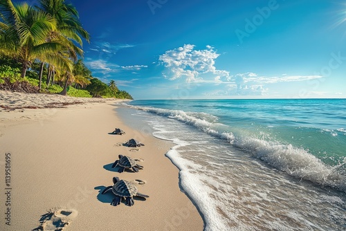 Baby sea turtles running towards ocean on sandy beach photo