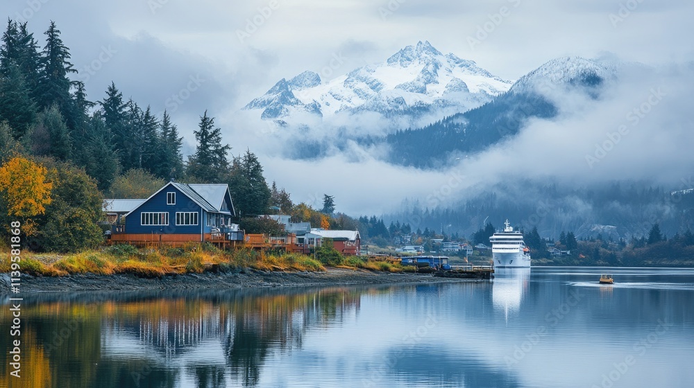 Fototapeta premium Cruise ship docking in alaskan harbor with snow capped mountain