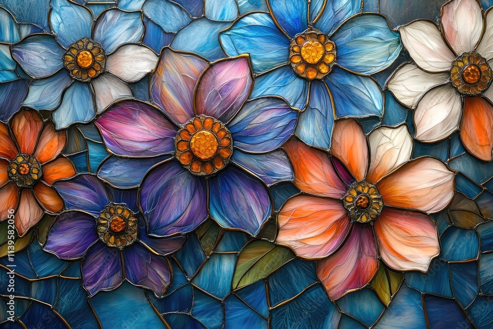 Colorful stained glass window showing blooming flowers Colorful stained glass window showing blooming flowers