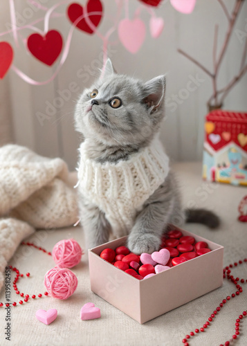 A cat, kitty sit on a gift box for Valentine's Day. Romantic concept: love, tenderness.