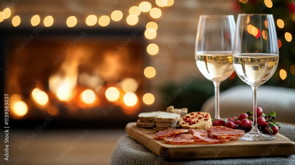 A cozy scene featuring two glasses of wine beside a festive platter of snacks, with a warm fireplace and twinkling lights in the background. A cozy scene featuring two glasses of wine beside a festive platter of snacks, with a warm fireplace and twinkling lights in the background.