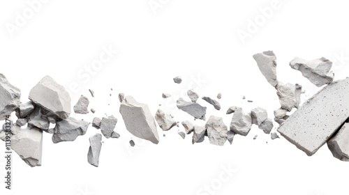 Shattered concrete pieces scattered across a transparent background