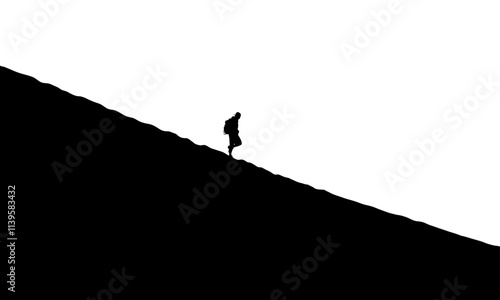 Silhouette of a lone hiker ascending a steep hill against a stark, white background, capturing a scene of solitude and perseverance.