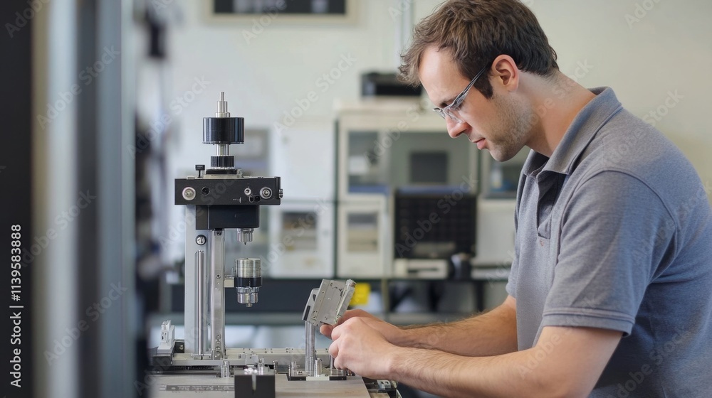 Scientist meticulously working on a precision testing machine in a lab setting. Scientist meticulously working on a precision testing machine in a lab setting.