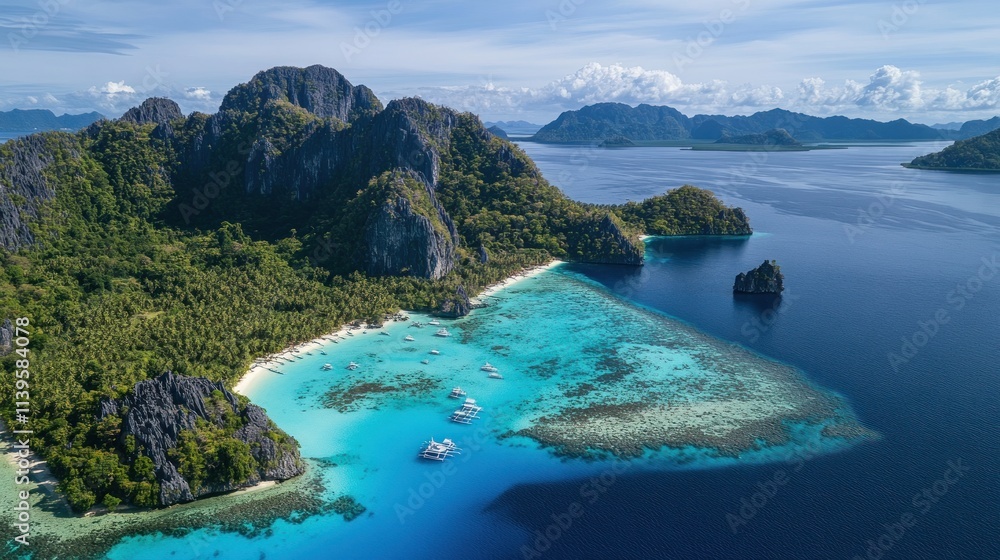 Obraz premium Aerial view of pristine turquoise waters, lush tropical islands, and rocky mountains, with small boats in the bay.