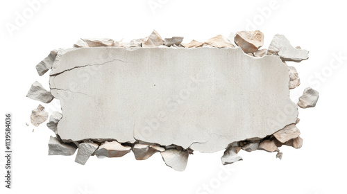 Cracked concrete with surrounding rubble revealing a transparent background suitable for graphic design projects photo