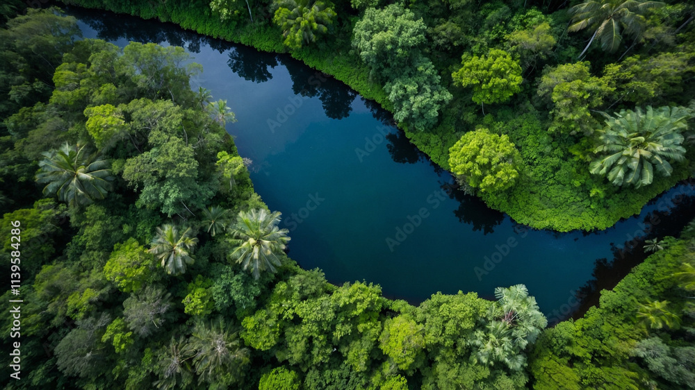 Drone Top View of Winding River through Dense Tropical Forest Drone Top View of Winding River through Dense Tropical Forest