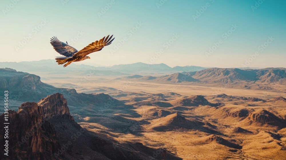 Fototapeta premium Majestic eagle soaring over a vast desert landscape, showcasing rugged mountains and a vast expanse of arid terrain.