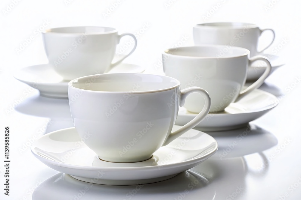 White Tea Cups Close-Up, Coffee Cups, Porcelain, Studio Photography, Elegant, White Background White Tea Cups Close-Up, Coffee Cups, Porcelain, Studio Photography, Elegant, White Background