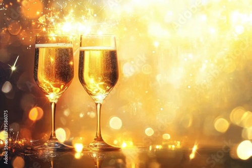 Champagne - New Year Event Celebration Or Anniversary With Golden Abstract Background