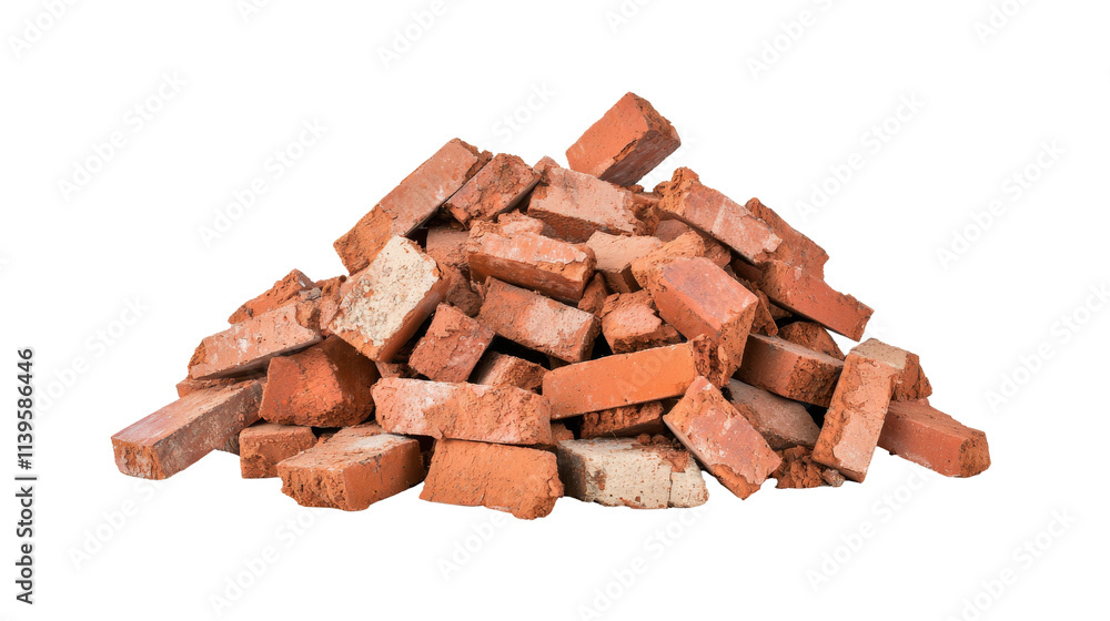 Pile of red bricks on a white background for construction and design projects Pile of red bricks on a white background for construction and design projects