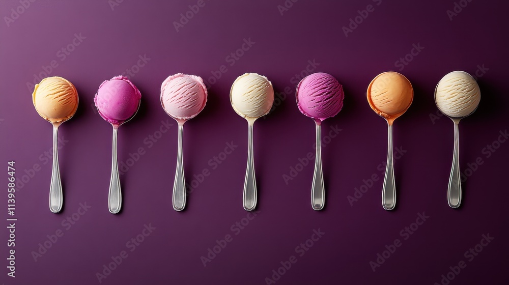 Assorted Ice Cream Scoops on Purple Background Assorted Ice Cream Scoops on Purple Background