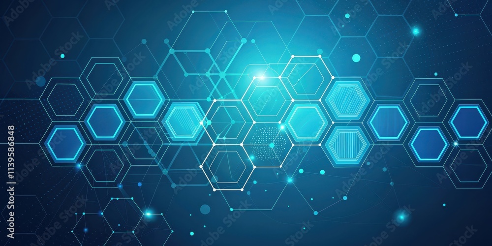 Abstract Hexagonal Network System Design Featuring Interconnected Nodes and Glowing Elements Abstract Hexagonal Network System Design Featuring Interconnected Nodes and Glowing Elements