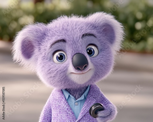 Adorable purple koala cartoon character wearing a suit and holding a small object. photo