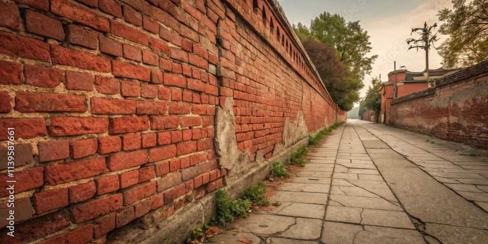 A sun-drenched alleyway flanked by aged brick walls, showing the passage of time and weathering A sun-drenched alleyway flanked by aged brick walls, showing the passage of time and weathering