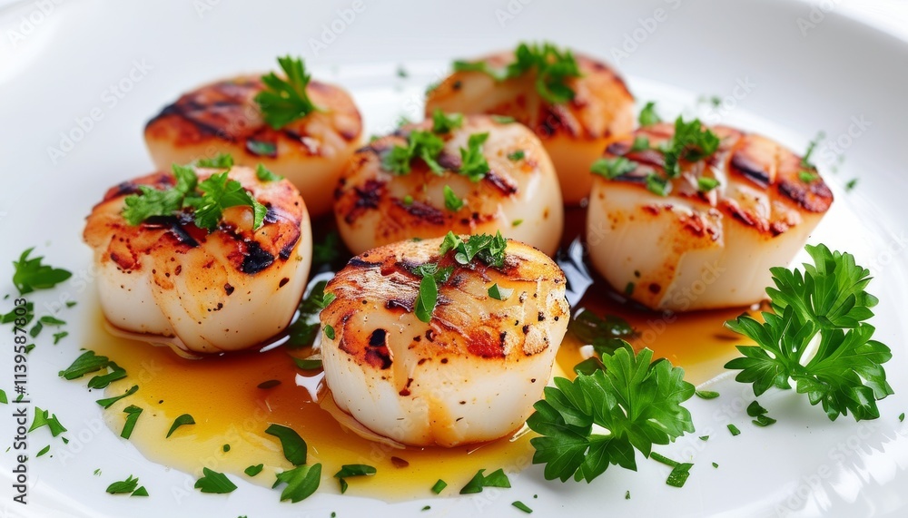 Plump Grilled Scallops with Fresh Herbs and Garlic Butter on Elegant Plate Presentation Plump Grilled Scallops with Fresh Herbs and Garlic Butter on Elegant Plate Presentation
