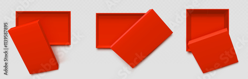 Three red rectangular and square boxes shown from top perspective with different lid options. Empty open containers packaging mockup. Clean minimalist design presentation and branding layout.