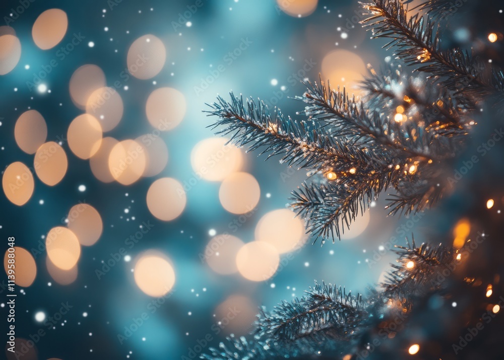 Festive Christmas tree branch with lights and snow Festive Christmas tree branch with lights and snow