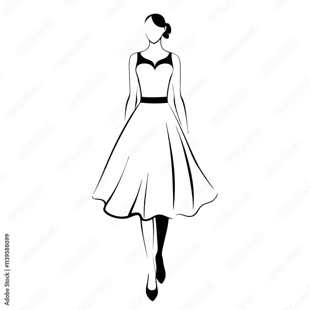 Knee-length dress with fitted bodice and flowing skirt in line art, on transparent background Knee-length dress with fitted bodice and flowing skirt in line art, on transparent background
