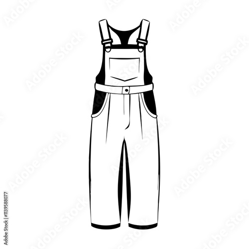 Black line art illustration of bib and brace overalls, transparent background