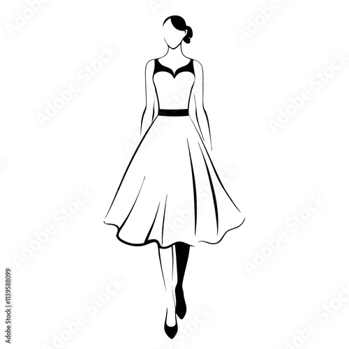 Knee-length dress with fitted bodice and flowing skirt in line art, on transparent background