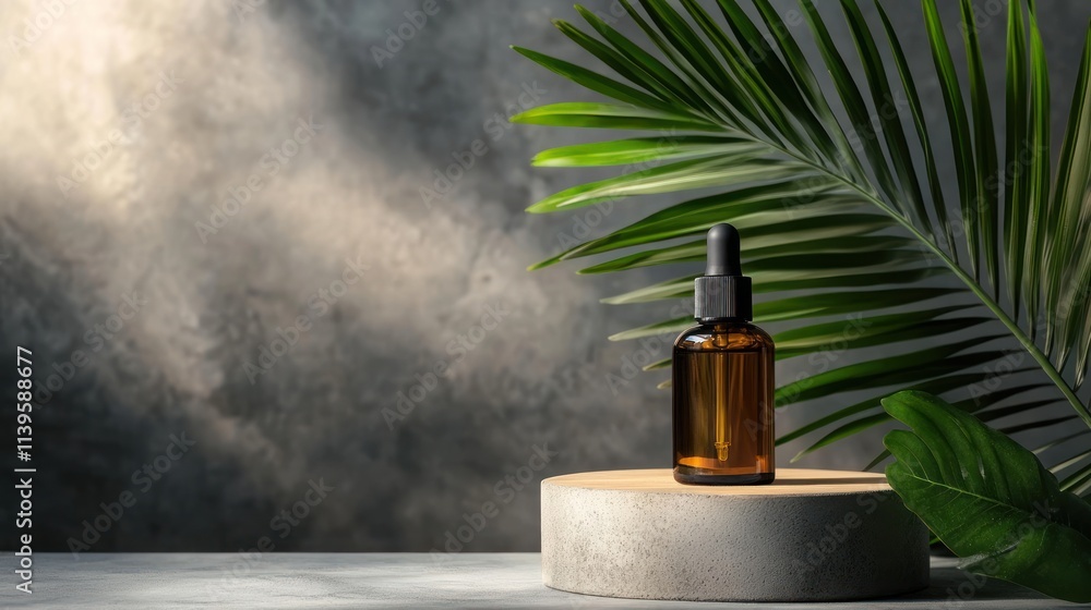 An amber glass dropper bottle on a circular stone platform with tropical leaves in the background. An amber glass dropper bottle on a circular stone platform with tropical leaves in the background.