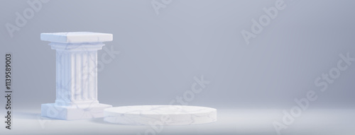 Elegant marble column with vertical fluted texture stands beside circular podium on neutral white background. Classical Greek architectural pedestal for product display or decorative presentation.