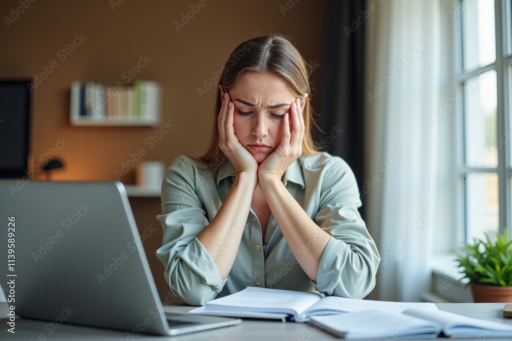 Stressed Woman Working Late at Home Office with Laptop and Papers, Ideal for Stress Awareness Campaigns or Work-from-Home Concepts Stressed Woman Working Late at Home Office with Laptop and Papers, Ideal for Stress Awareness Campaigns or Work-from-Home Concepts