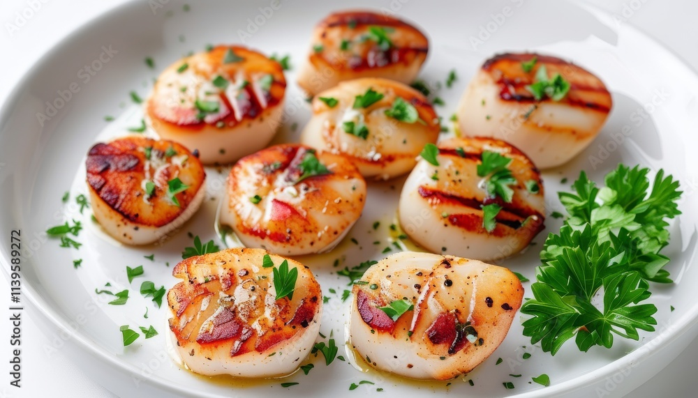 custom made wallpaper toronto digitalGrilled Plump Scallops Garnished with Fresh Herbs on a White Plate for Upscale Dining