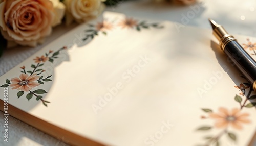 Elegant flowered stationery with a pen on a wooden table for writing oaths by hand
