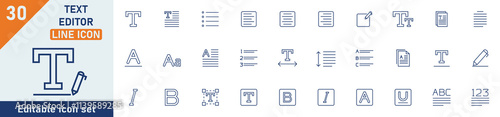 Text Editor line icon set. Set of 30 outline icons related to text, editor, writer, paragraph, font, tool and others. Editable stroke. Vector illustration.