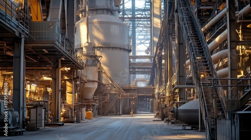 An industrial cement plant with automated machinery processing raw materials, blending and firing them in high-temperature kilns to produce cement, followed by packaging and storage. photo