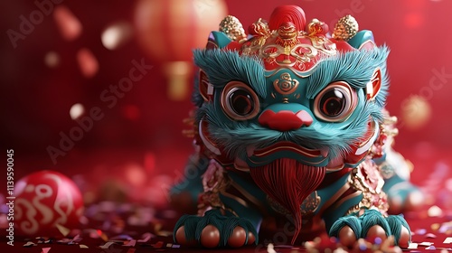 Colorful and Detailed Lion Dance Statue in Celebration Setting with Lanterns and Confetti