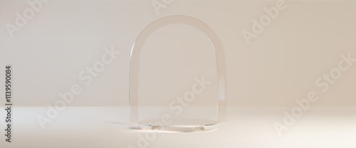 Round podium on light beige background with glass morphism arch. Vector realistic illustration of cosmetic product presentation platform, elegant pastel showroom with transparent stage for advertising