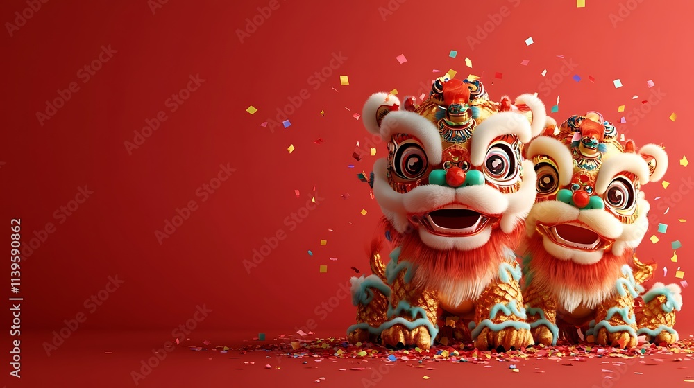 Fototapeta premium Colorful Chinese Lion Dance Statues with Confetti and Red Background for Celebrations and Festivities