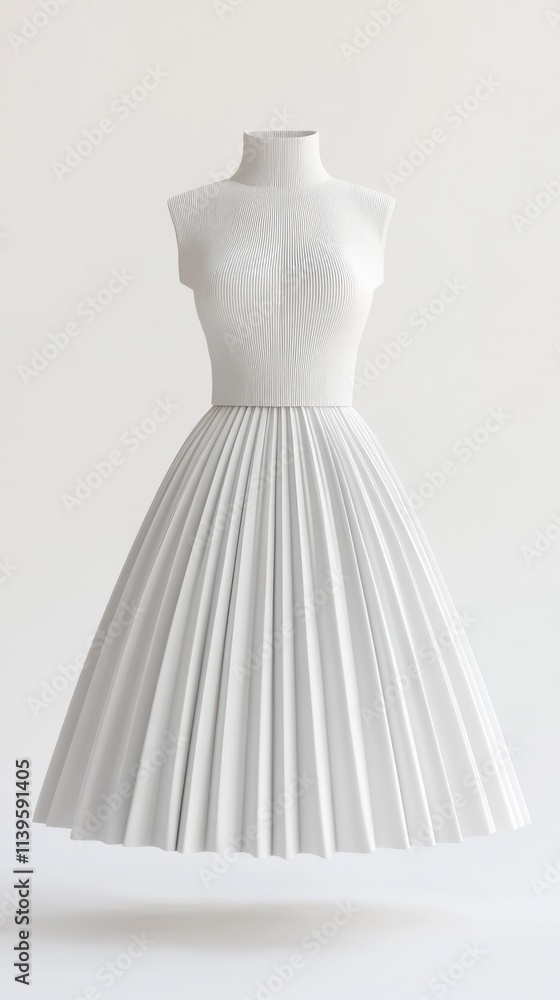 A 3D rendering of a pleated skirt and high-neck dress, featuring an elegant design and detailed pleating, set against a minimalistic white backdrop in high resolution. A 3D rendering of a pleated skirt and high-neck dress, featuring an elegant design and detailed pleating, set against a minimalistic white backdrop in high resolution.