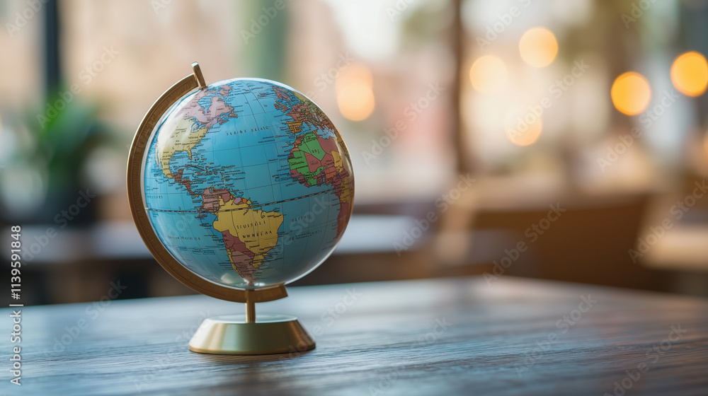 Global Perspective: A classic desk globe sits on a wooden table, bathed in soft, natural light, symbolizing exploration, travel, and global connections. Global Perspective: A classic desk globe sits on a wooden table, bathed in soft, natural light, symbolizing exploration, travel, and global connections.