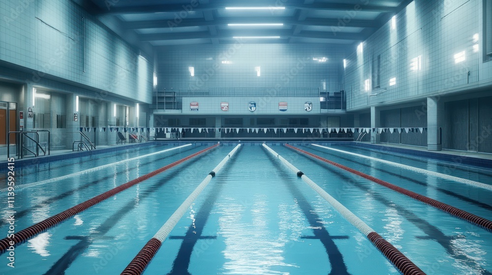 Empty indoor pool with lanes, modern design, illuminated space. Empty indoor pool with lanes, modern design, illuminated space.