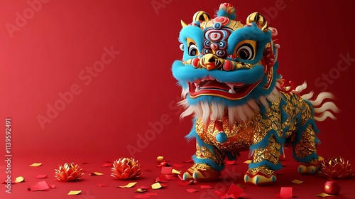 Colorful Lion Dance Statue Decorated with Flowers and Red Paper on a Bold Red Background